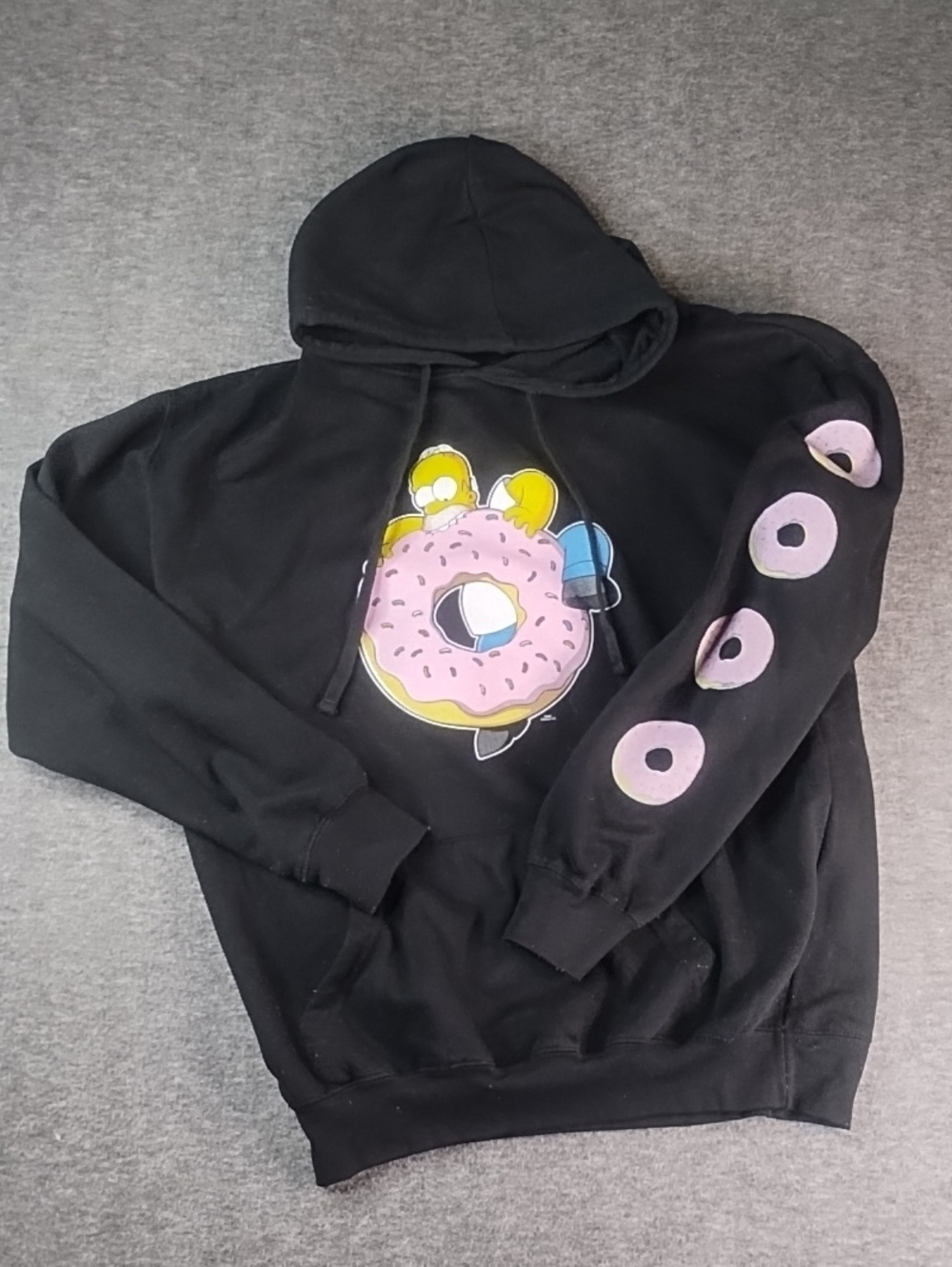 The Simpsons Homer Eating Donuts Black Crewneck Hoodie with Donut Graphic